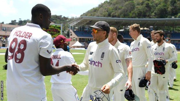 England players shake hands with the West Indies players