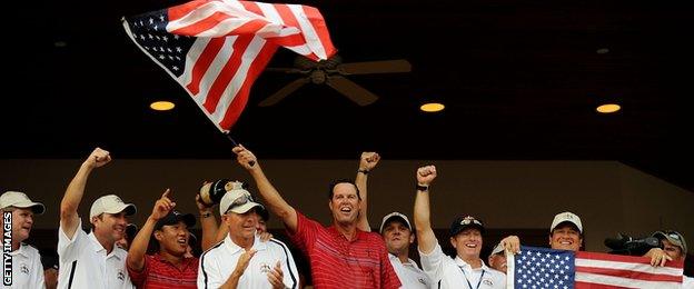 Paul Azinger and his team celebrate victory in the 2008 Ryder Cup at Valhalla