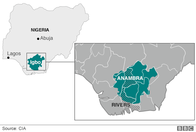 Map of Igbo-speaking areas in Nigeria