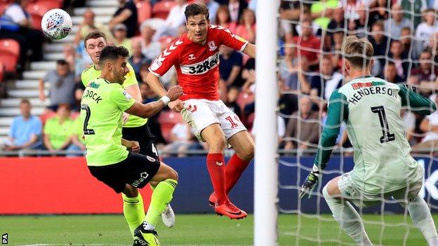 Stewart Downing scores Middlesbrough's third goal v Sheffield United