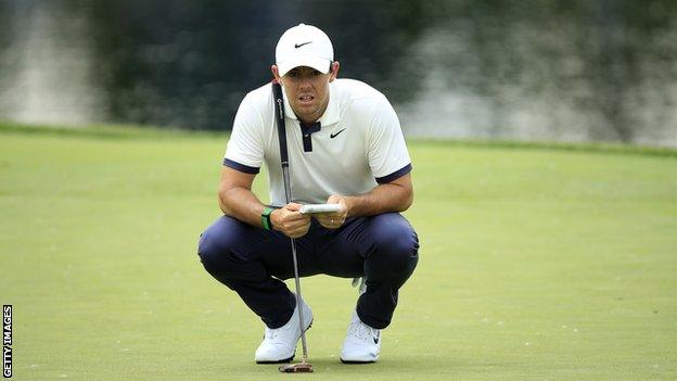 Rory McIlroy olines up a putt on the 16th hole during the second round of The Memorial Tournament