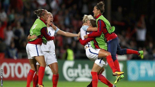 England celebrate reaching the Euro 2017 semi-finals after beating France