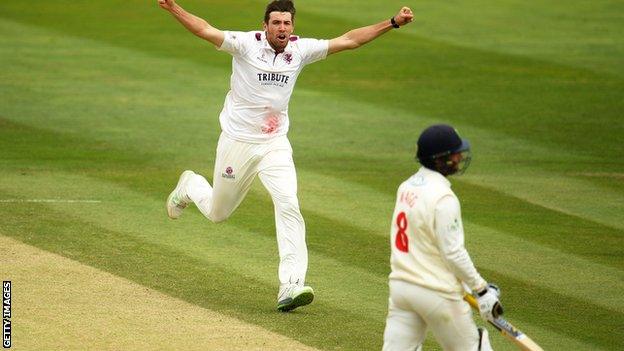 Jamie Overton celebrates wicket