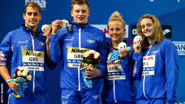 Chris Walker-Hebborn, Adam Peaty, Siobhan-Marie O'Connor and Francesca Halsall of Great Britain poses with their Silver medal after coming second in the Mixed 4x50m Medley Relay Final