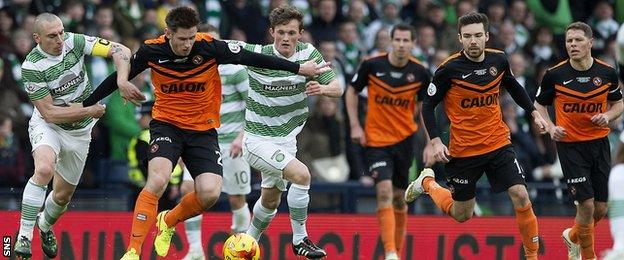 Celtic and Dundee United players during the 2015 Scottish League Cup final