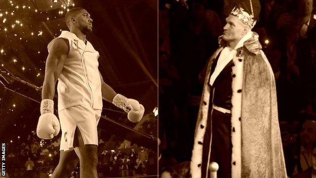 A split image of Anthony Joshua and Tyson Fury walking to the ring