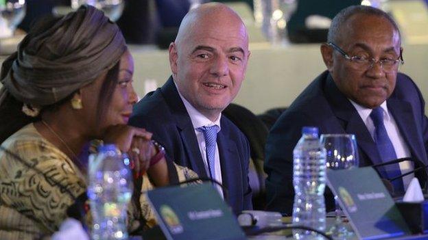 Fifa Secretary General Fatma Samoura (left), Fifa President Gianni Infantino (centre) and Confederation of African Football President Ahmad Ahmad (right).