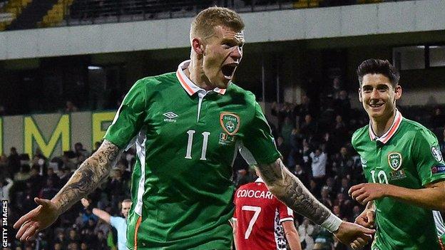 James McClean celebrates as competitive debutant Calum O'Dowda also shows his delight