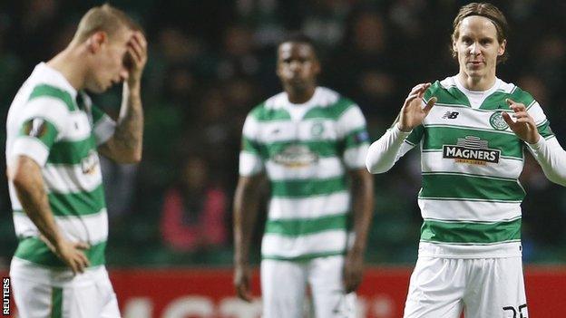 Celtic's Leigh Griffiths and Stefan Johansen show disappointment