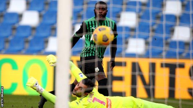 Jeremie Boga scores for Sassuolo against Genoa in Serie A in January 2021