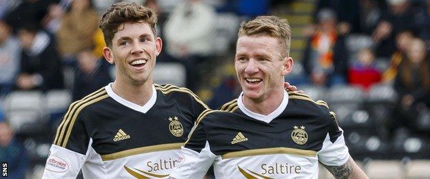 Ryan Christie and Jonny Hayes celebrate with Aberdeen