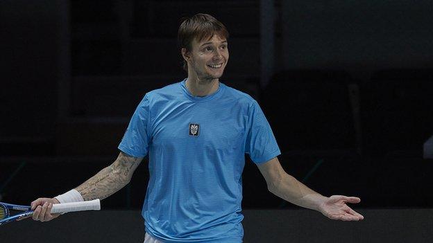 Kazakhstan's Alexander Bublik in action against Canada at the Davis Cup