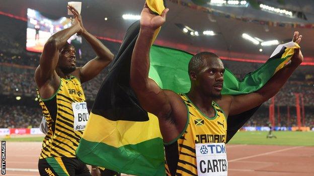 Usain Bolt & Nesta Carter after their 2008 4x100m relay gold