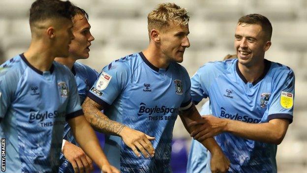 Kyle McFadzean (centre) scored his first Coventry City goal in this season's opening day win over Nottingham Forest