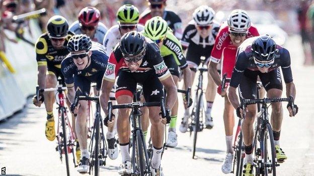 Greg van Avermaet sprints for second place in Leeds