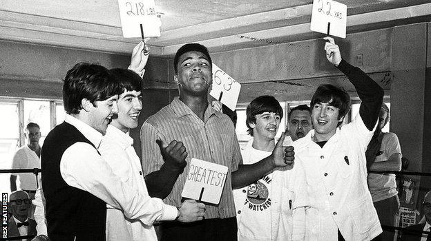 The Beatles meet Muhammad Ali at the boxer's training camp in Miami in 1964