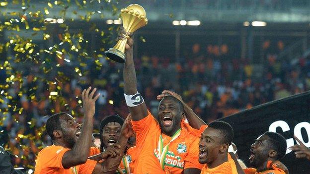 Ivory Coast's midfielder and the then captain celebrates with his teammates after winning the 2015 African Cup of Nations