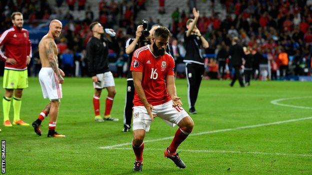 Joe Ledley performs his trademark dance routine after Wales' Euro 2016 victory over Belgium