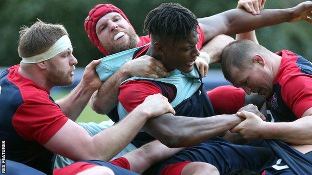 George Kruis, James Haskell and Dylan Hartley battle with Maro Itoje at a maul during England training