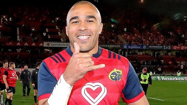 Simon Zebo celebrates after Munster's European Champions Cup win over Racing 92 at Thomond Park on Saturday