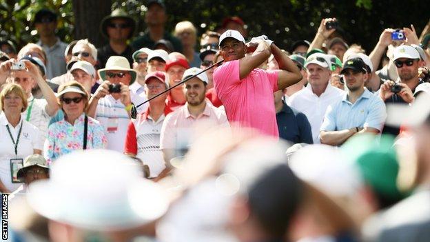 Tiger Woods practising at Augusta on Monday