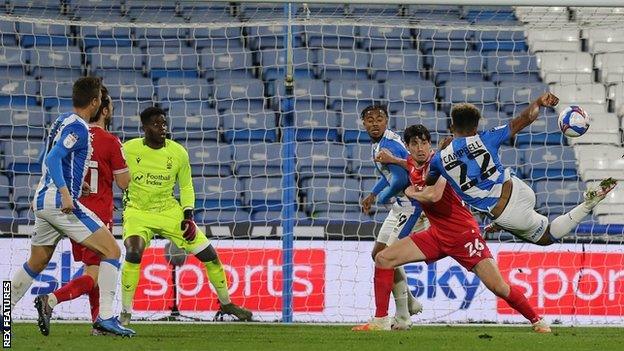 Huddersfield's Fraizer Campbell scores against Nottingham Forest