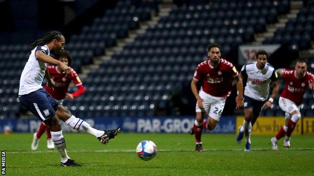 Daniel Johnson scores a penalty for Preston