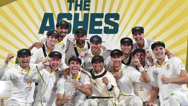 Australia celebrate with the Ashes series trophy