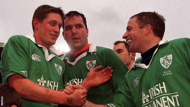 Ronan O'Gara and David Humphreys celebrate Ireland's win over Wales in the 2002 Six Nations