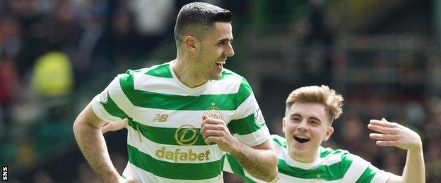 Celtic midfielder Tom Rogic's celebrates scoring against Rangers