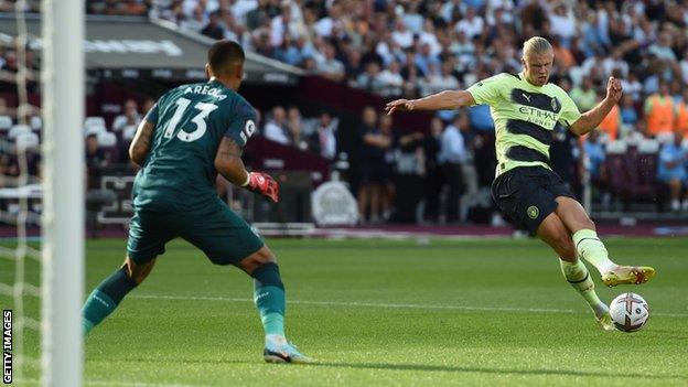 Erling Haaland scores his second goal against West Ham