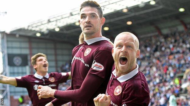 Kyle Laffery and Steven Naismith celebrate the former's goal against Celtic