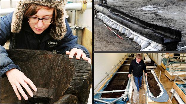 Emma Turvey works on Bronze Age long boat; Bronze Age long boat in quarry; Ian Panter with boat in cold storage at Flag Fen