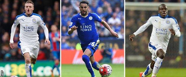 Jamie Vardy, Riyad Mahrez and N'Golo Kante