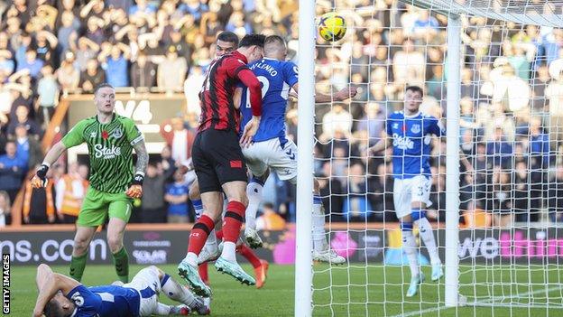 Kieffer Moore scoring Bournemouth's second goal