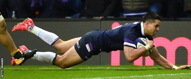 Sean Maitland scores for Scotland against Australia