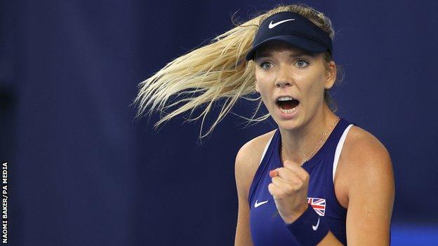 Katie Boulter celebrates winning a point in the Billie Jean King Cup tie against Mexico