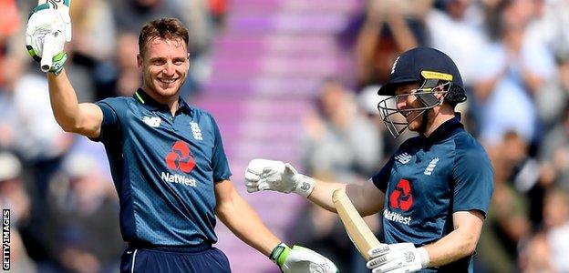 Jos Buttler celebrates a century in May 2019