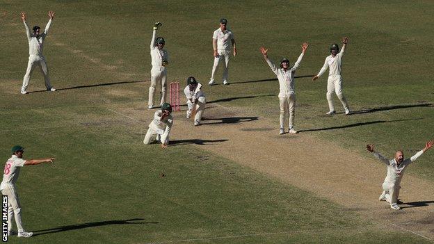 Nathan Lyon and the Australia fielders appeal for the wicket of Ravichandran Ashwin