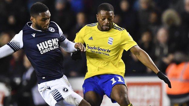 Jeremie Bela (right) was substituted after 66 minutes of Birmingham City's 0-0 draw with Millwall at The Den