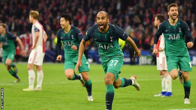 Lucas Moura celebrates scoring for Tottenham against Ajax in the Champions League