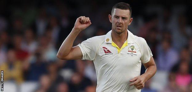 Australia fast bowler Josh Hazlewood celebrates taking a wicket in the final Ashes Test against England at The Oval