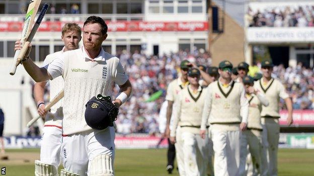 Ian Bell walks off ahead of Joe Root and the Australia team