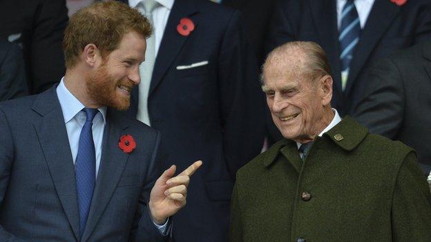 Prince Philip and Prince Harry at the 2015 Rugby World Cup final