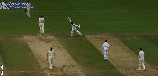 West Indies celebrate victory under the floodlights at Headingley