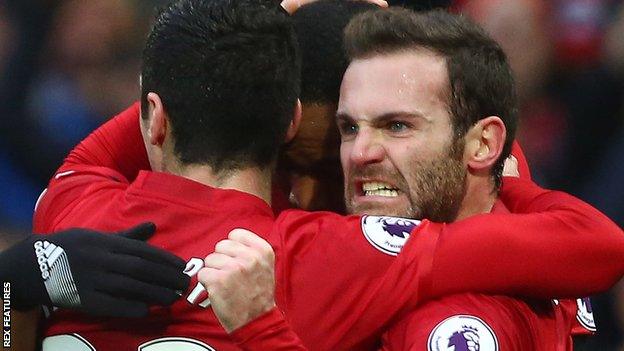 Manchester United's Juan Mata celebrates scoring against Watford