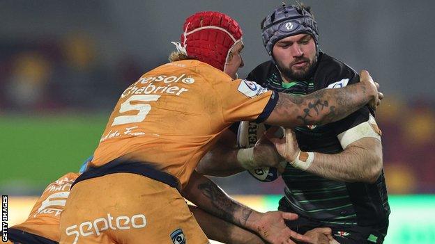 London Irish and Montpellier players battle for the ball