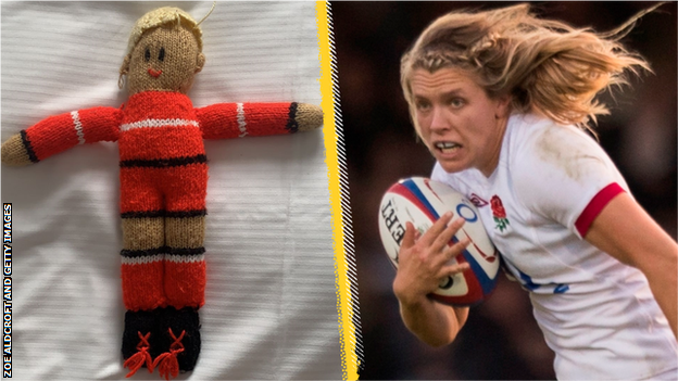 A split picture of a knitted Jonny Wilkinson doll and Zoe Aldcroft