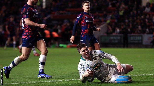 Tommy Freeman scores his first of two tries at Bristol