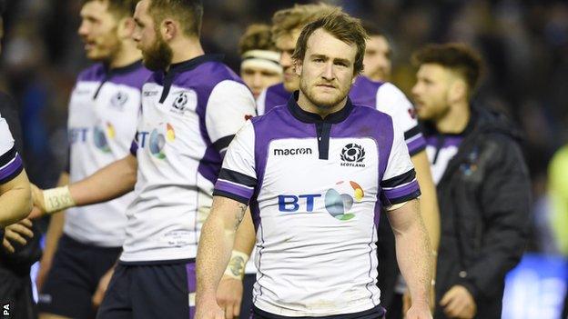 Scotland full-back Stuart Hogg looks unhappy despite the win over Samoa